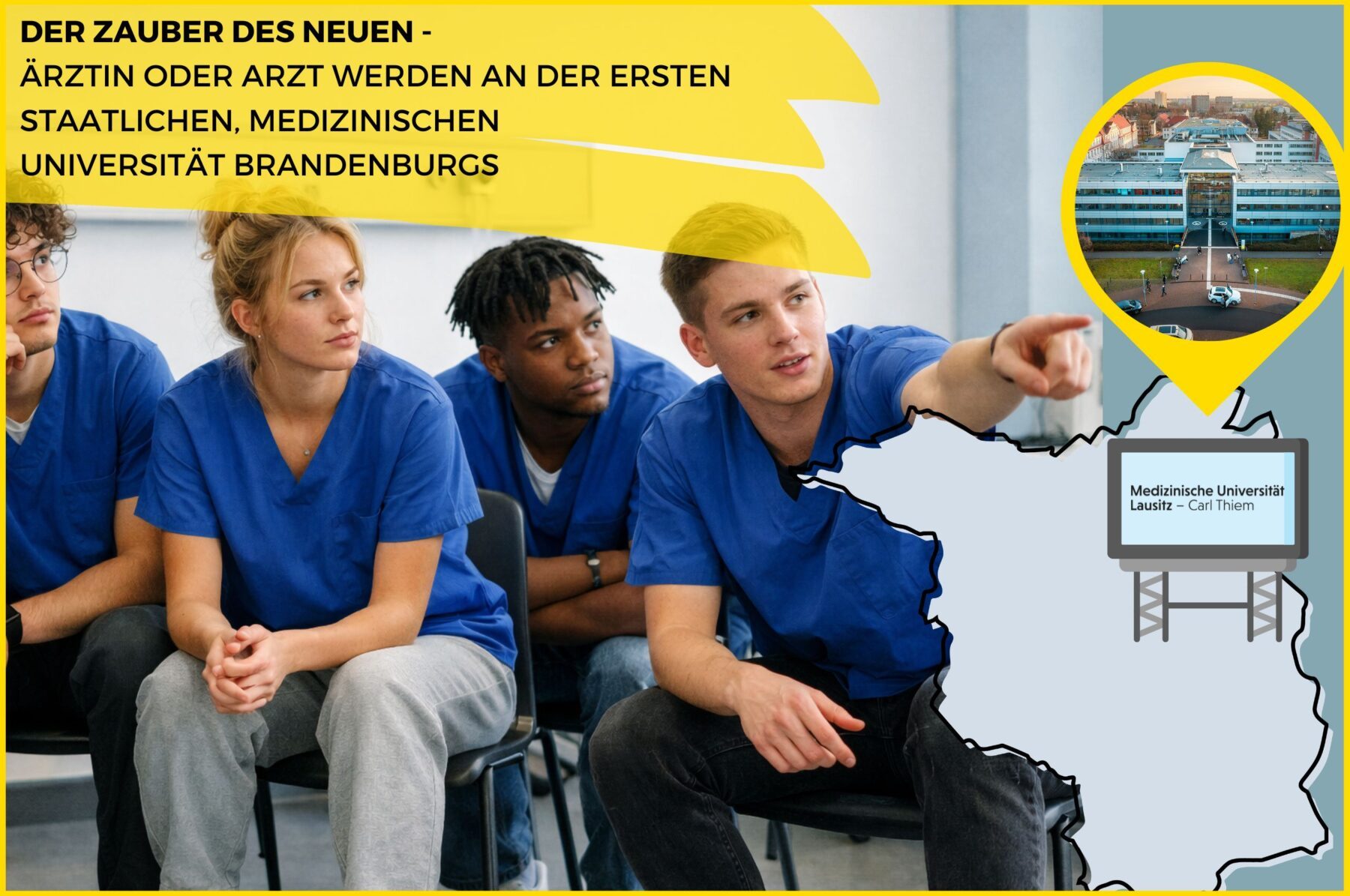 Gruppe junger Medizinstudierender mit Ansicht des Haupteingangs der Medizinischen Universität Lausitz - Carl Thiem