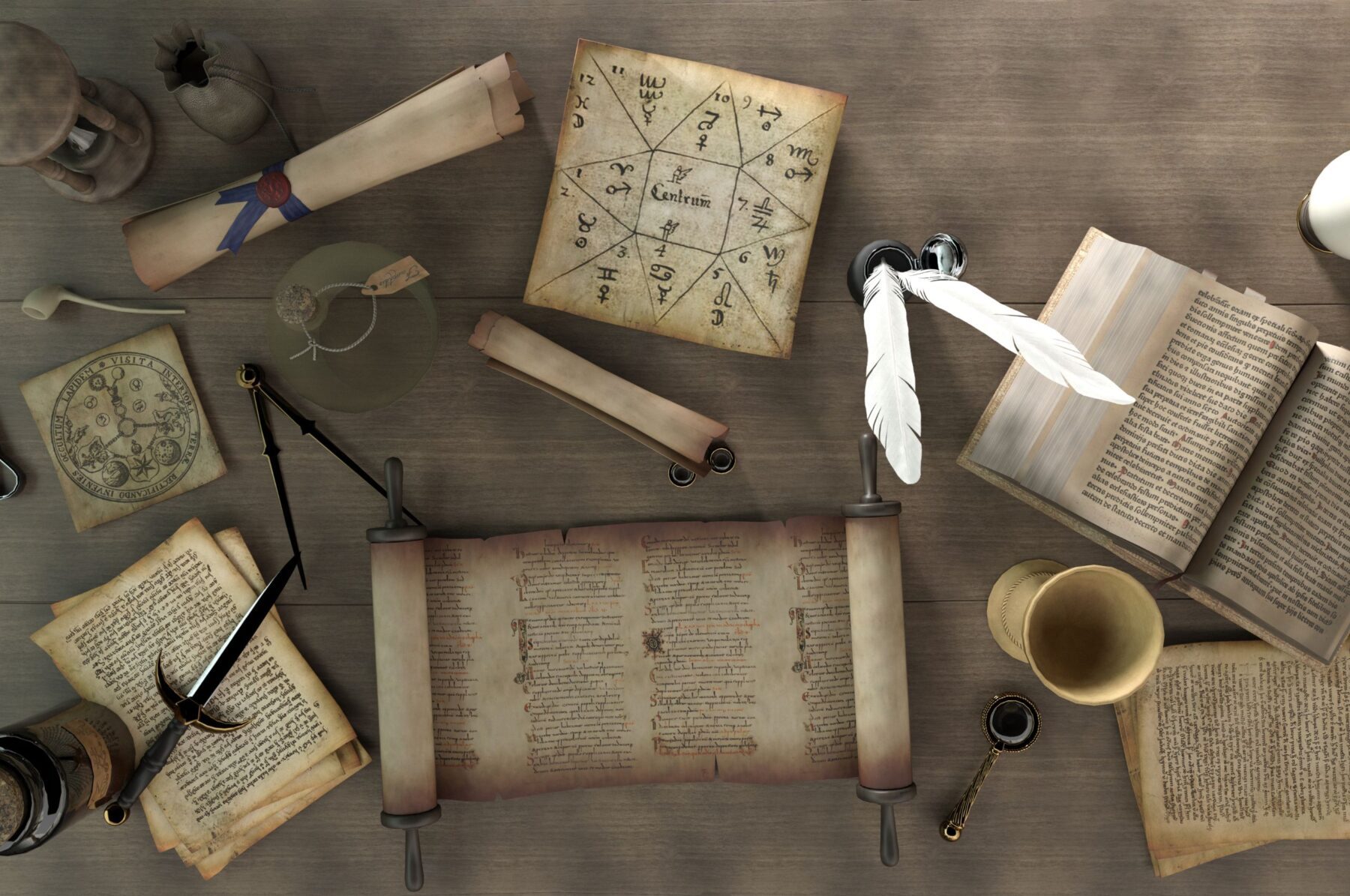 mittelalterliche Requisiten (Buch, Schriftenrolle, Feder, Tinte, Lupe)